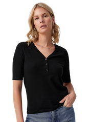 Buttoned Ribbed V-Neck Top
